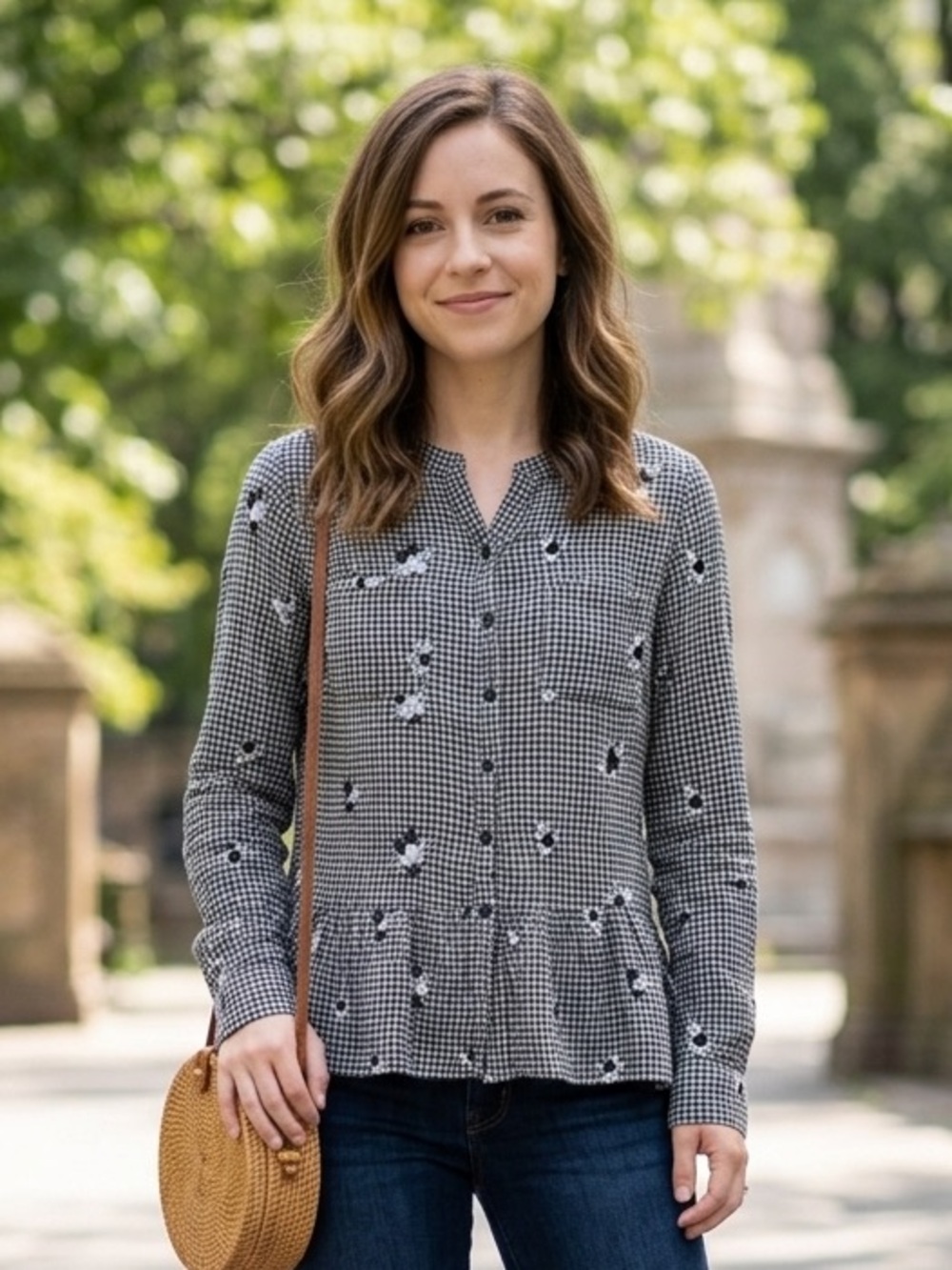 Ruff Hewn Blue & White Gingham Floral Peplum Top